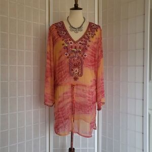 Blue Island Embellished Orange Red Tunic Cover M